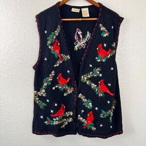 VTG Bobbie Brooks Cardigan Sweater Vest Christmas Cardinal Sequin Beaded 14W